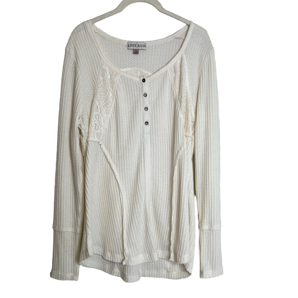 Knox Rose Womens Lightweight Thermal Knit Tunic XL Ivory Crochet Long Sleeve